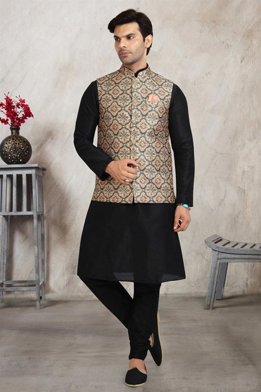 Solid Banarasi Silk Fabric Black Color Kurta Pyjama With Beige Jacket