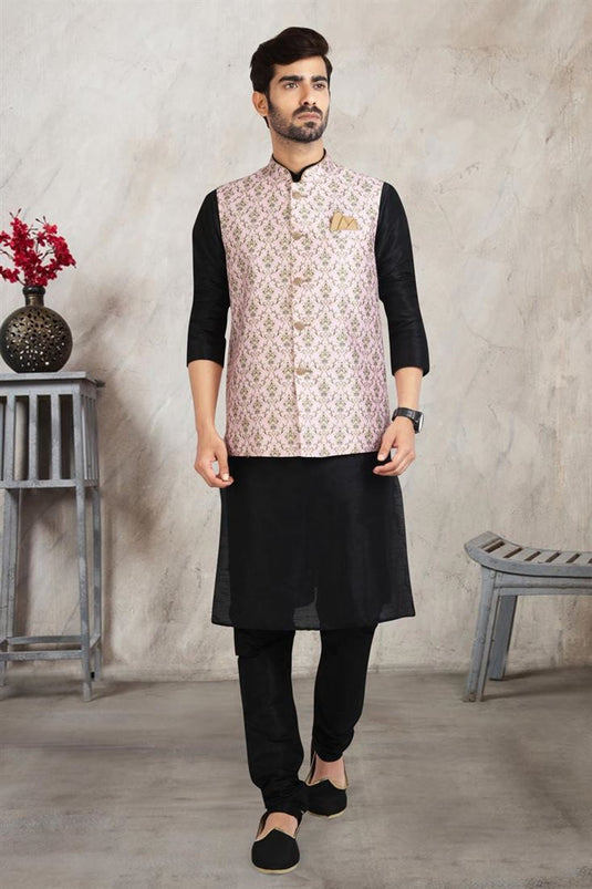 Black Color Banarasi Silk Fabric Beauteous Kurta Pyjama With Pink Jacket
