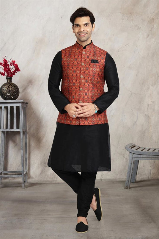 Sober Black Color Banarasi Silk Fabric Kurta Pyjama With Black Jacket
