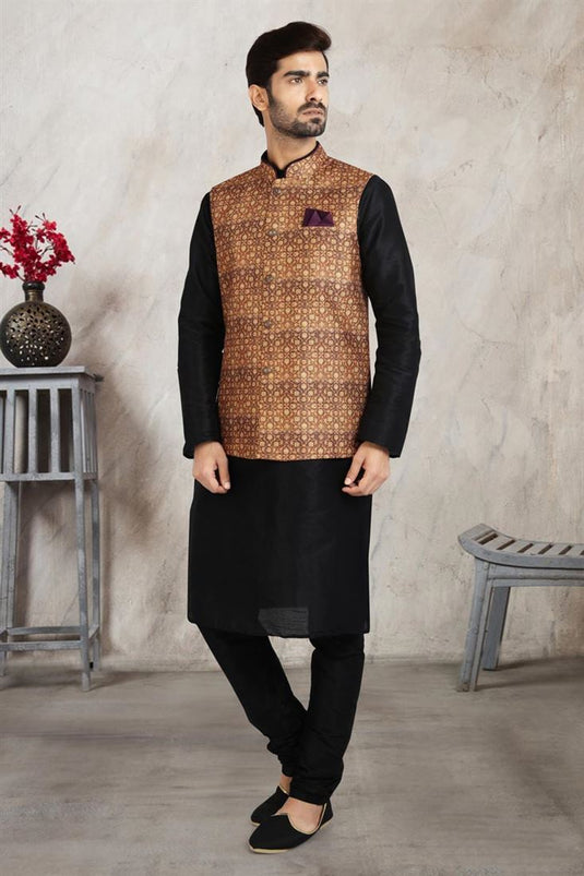 Black Color Engaging Banarasi Silk Kurta Pyjama With Beige Jacket
