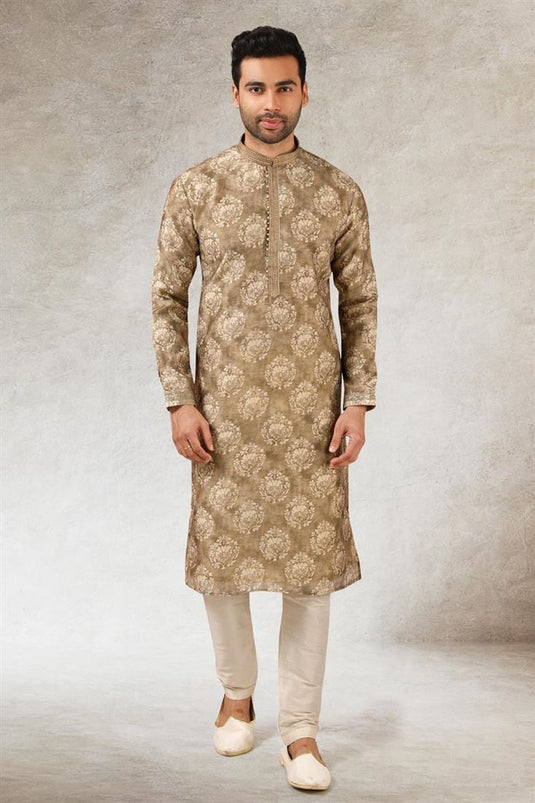 Ethnic Look Chikoo Color Magnificent Art Silk Kurta Pyjama