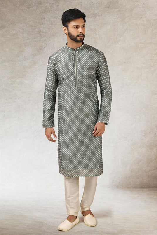 Splendid Grey Color Ethnic Look Art Silk Kurta Pyjama