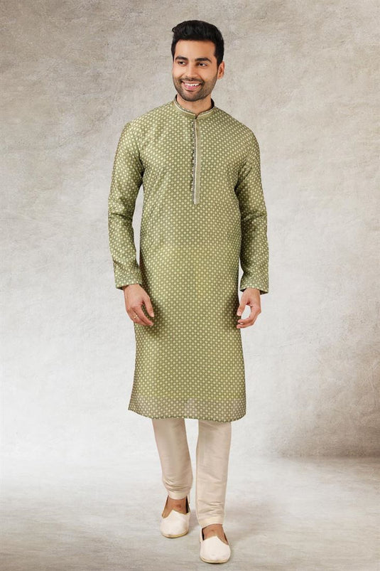 Brilliant Ethnic Look Art Silk Kurta Pyjama In Olive Color