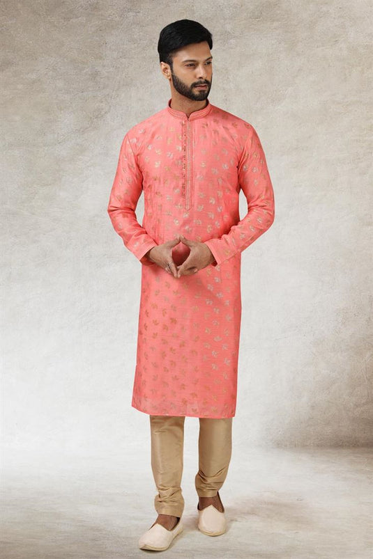 Pink Color Luxurious Art Silk Kurta Pyjama In Ethnic Look