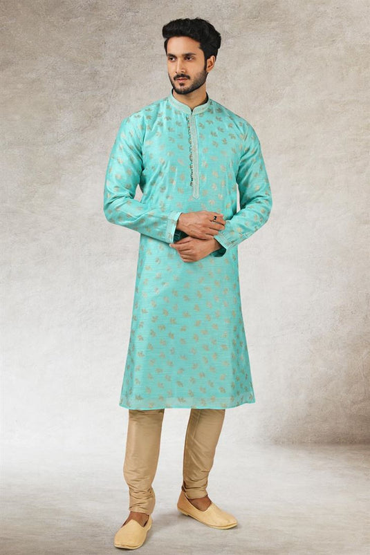 Cyan Color Ethnic Look Art Silk Soothing Kurta Pyjama