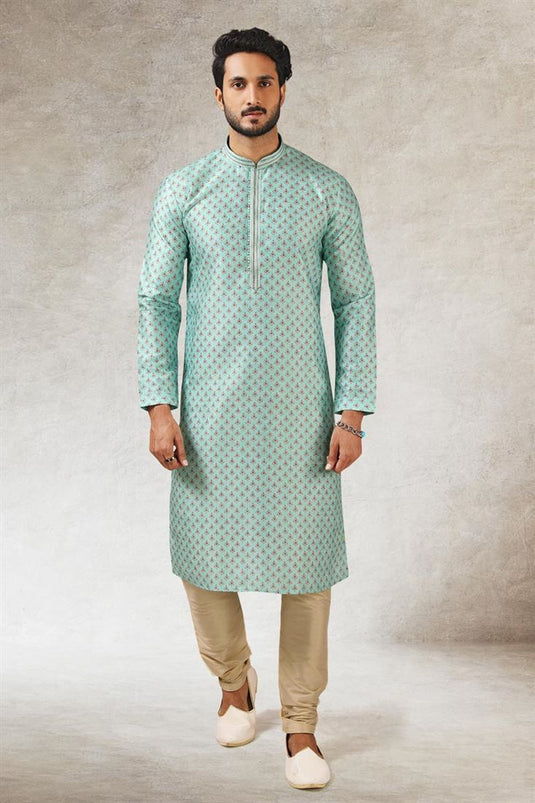 Light Cyan Color Lavish Ethnic Look Art Silk Kurta Pyjama