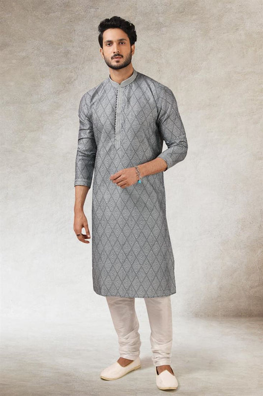 Grey Color Art Silk Kurta Pyjama In Dashing Ethnic Look