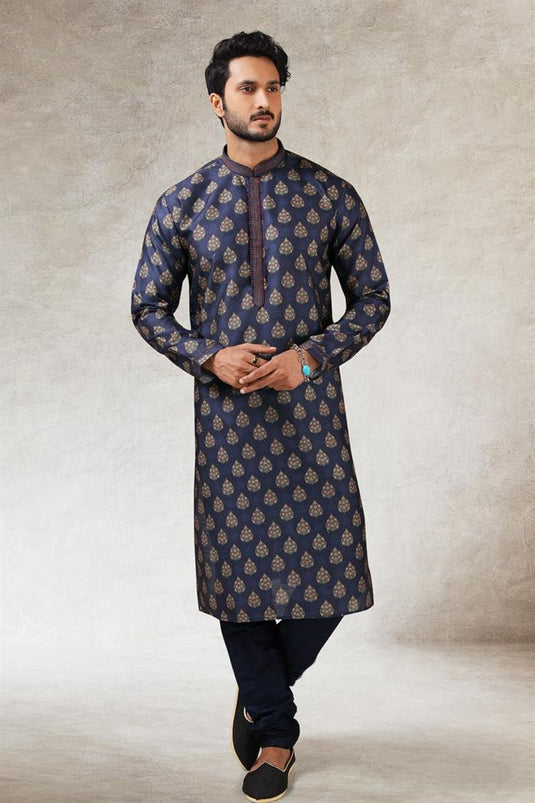 Elegant Navy Blue Color Ethnic Look Art Silk Kurta Pyjama