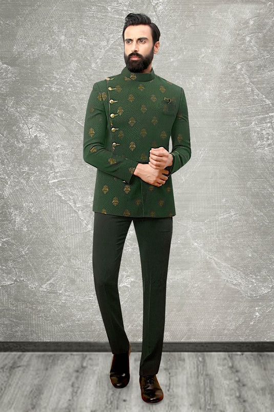 Blazing Green Color Brocade Fabric Ethnic Wear Jodhpuri Suit