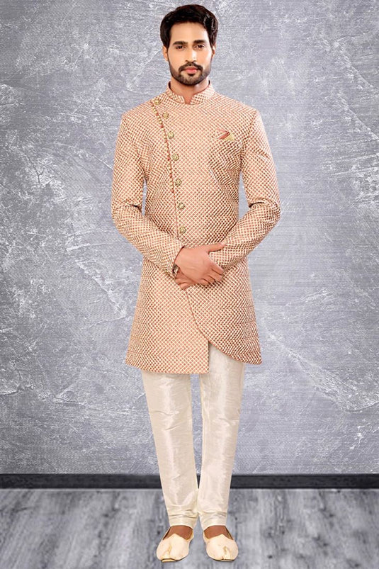 Peach Brocade Fabric Magnificent Readymade Men Indo Western For Wedding Wear
