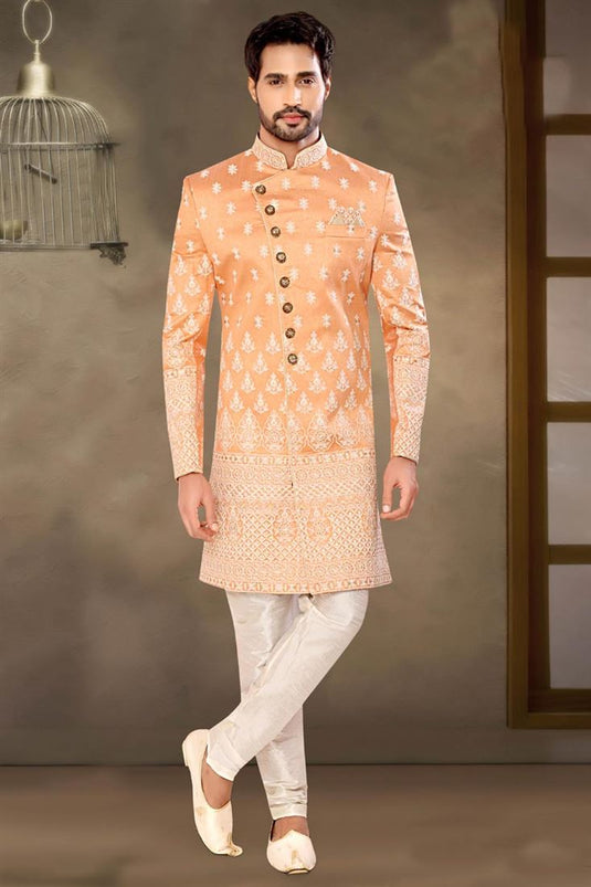 Brocade Peach Artistic Readymade Men Indo Western For Wedding Wear