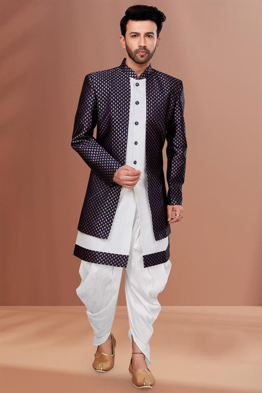 Navy Blue Gorgeous Jacquard Fabric Wedding Wear Readymade Dhoti Style Indo Western For Men