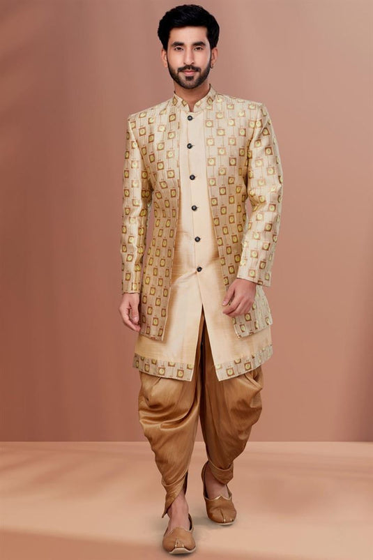 Pretty Jacquard Fabric Wedding Wear Readymade Men Dhoti Style Indo Western In Cream Color