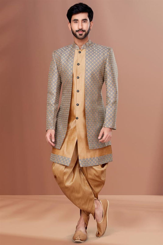 Beautiful Dark Beige Color Wedding Wear Readymade Dhoti Style Indo Western For Men In Jacquard Fabric