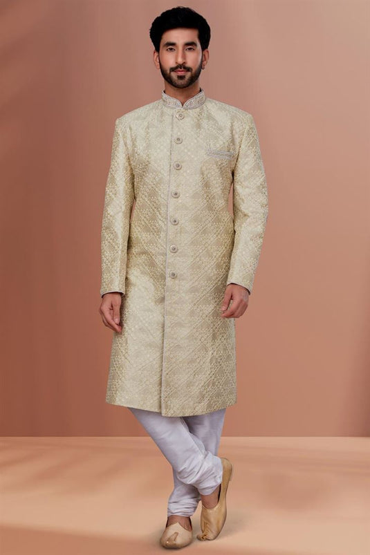 Silk Fabric Wedding Wear Attractive Readymade Men Indo Western In Beige Color