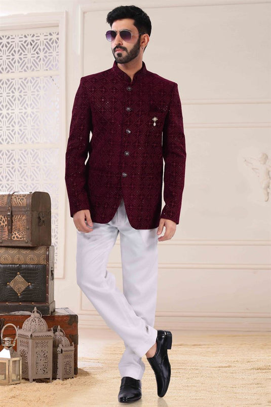 Wine Color Function Look Jodhpuri Suit In Soothing Jacquard Fabric
