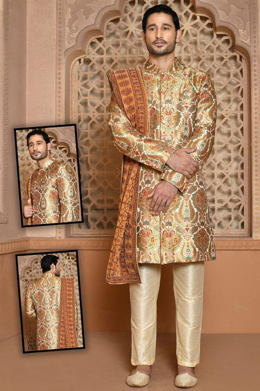 Cream Color Wedding Wear Extravagant Banarasi Silk Sherwani