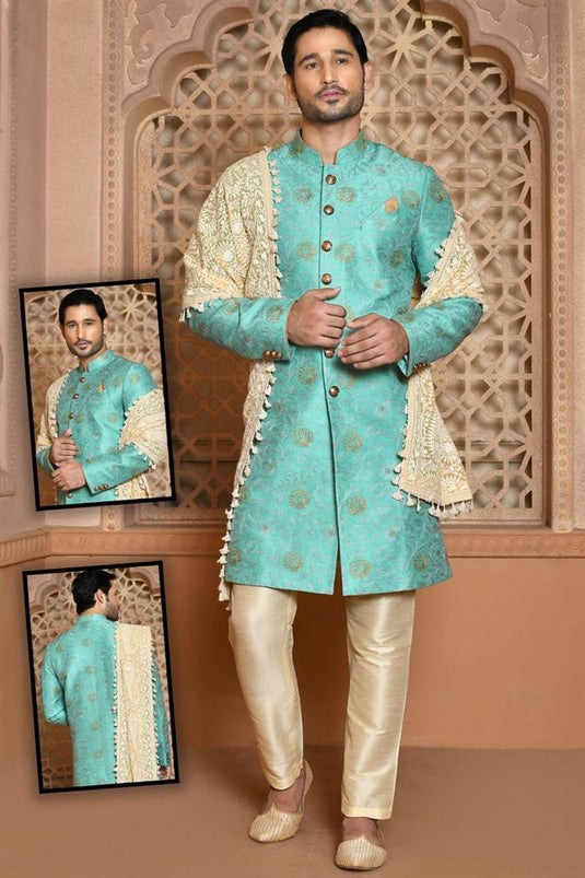 Dazzling Sky Blue Color Wedding Wear Banarasi Silk Sherwani