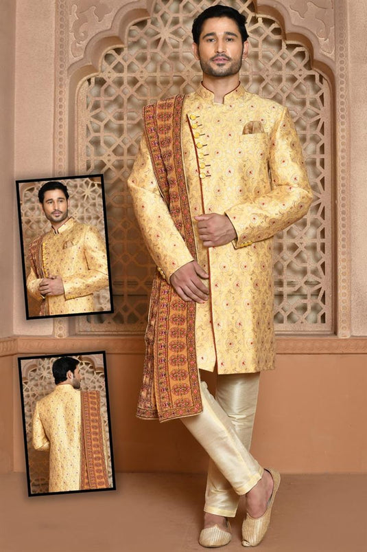 Golden Color Wedding Wear Charismatic Banarasi Silk Sherwani