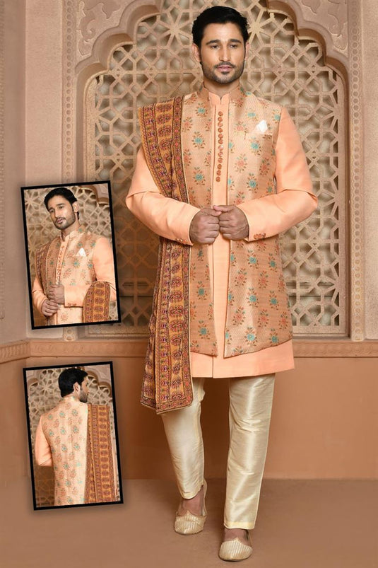 Wonderful Wedding Wear Orange Banarasi Silk Sherwani