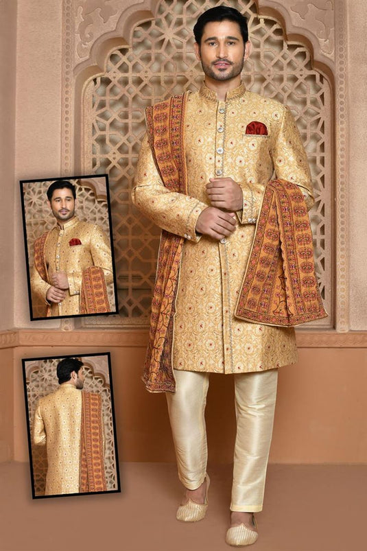 Intriguing Golden Color Wedding Wear Banarasi Silk Sherwani
