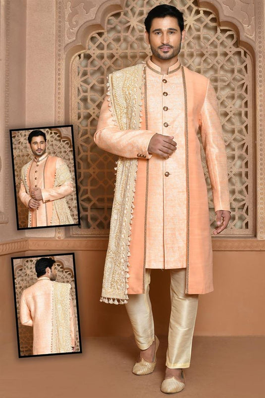 Orange Color Wedding Wear Mesmeric Banarasi Silk Sherwani