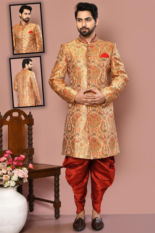 Amazing Pink Color Wedding Wear Banarasi Silk Sherwani