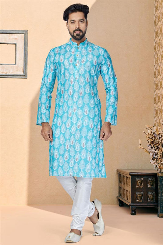 Fancy Cyan Color Wedding Wear Readymade Designer Men Printed Kurta Pyjama