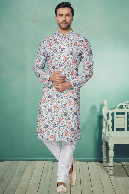 Reception Wear Attractive Readymade Men Printed Kurta Pyjama In Light Cyan Color