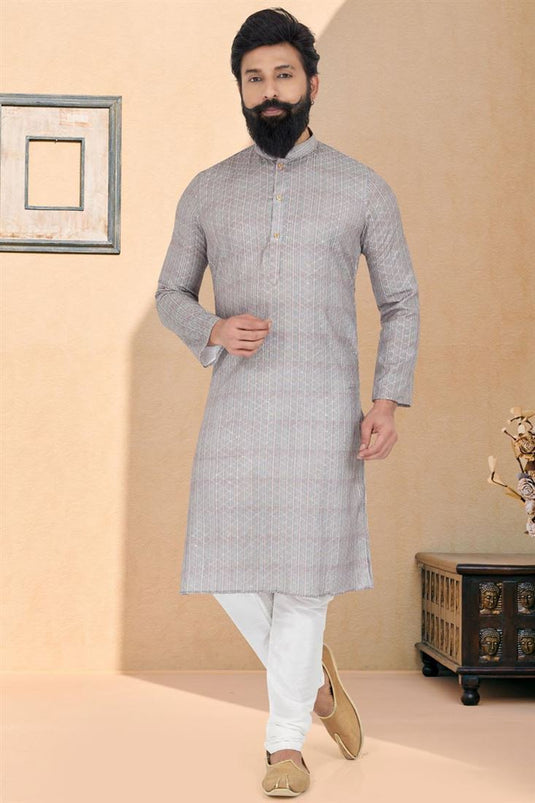 Fancy Grey Magnificent Readymade Men Printed Kurta Pyjama For Sangeet Wear