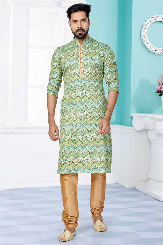 Appealing Sea Green Color Fancy Fabric Function Wear Printed Readymade Kurta Pyjama For Men