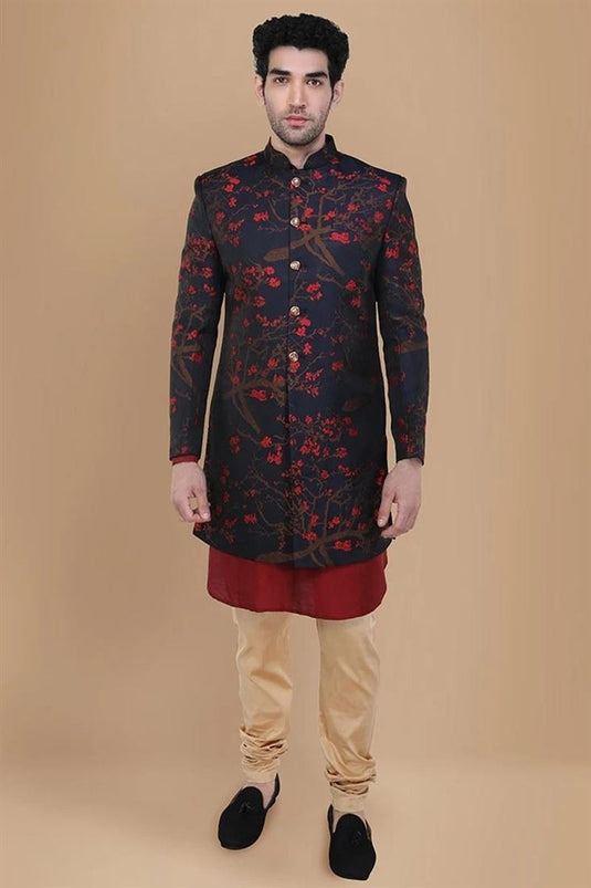 Navy Blue Color Jacquard Silk Fabric Wedding Wear Readymade Indo Western For Men
