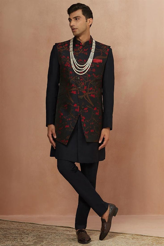 Black Gorgeous Jacquard Silk Fabric Wedding Wear Readymade Men Indo Western With Jacket