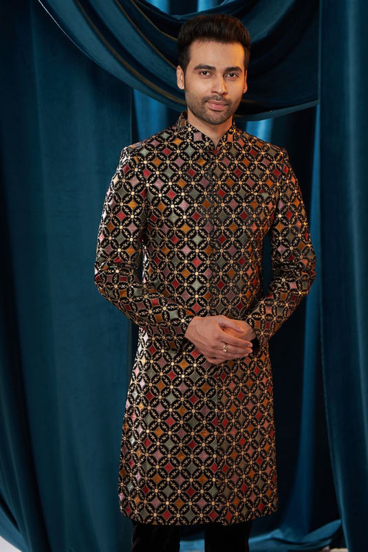 Velvet Wedding Wear Embroidered Attractive Readymade Men Indo Western In Multi Color