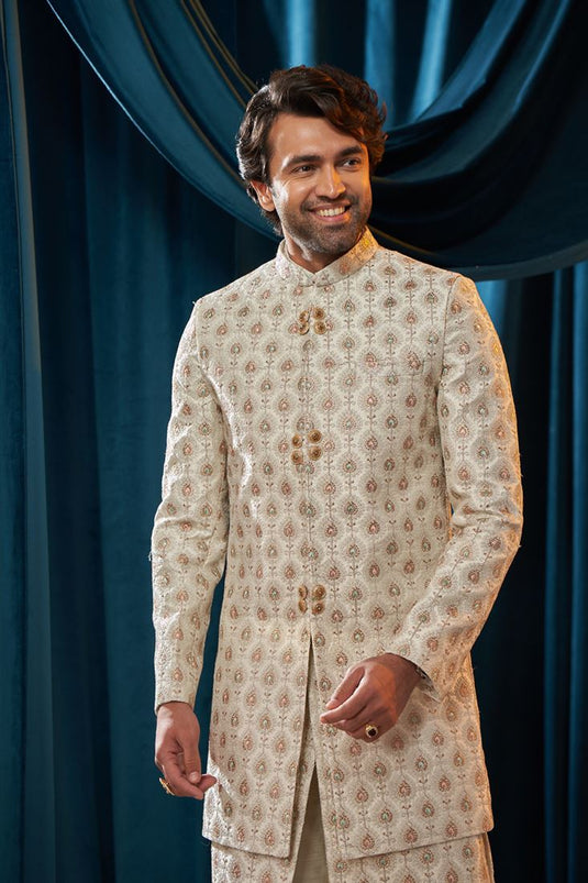Asymmetric Embroidered Silk Fabric Off White Color Indo Western Sherwani For Men