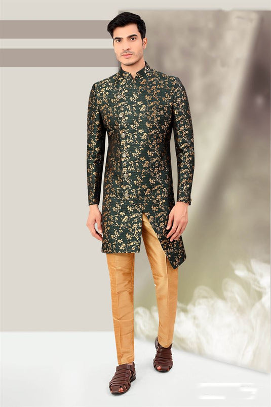 Perfect Blend of Traditional and Modern Green Jacquard Indo Western