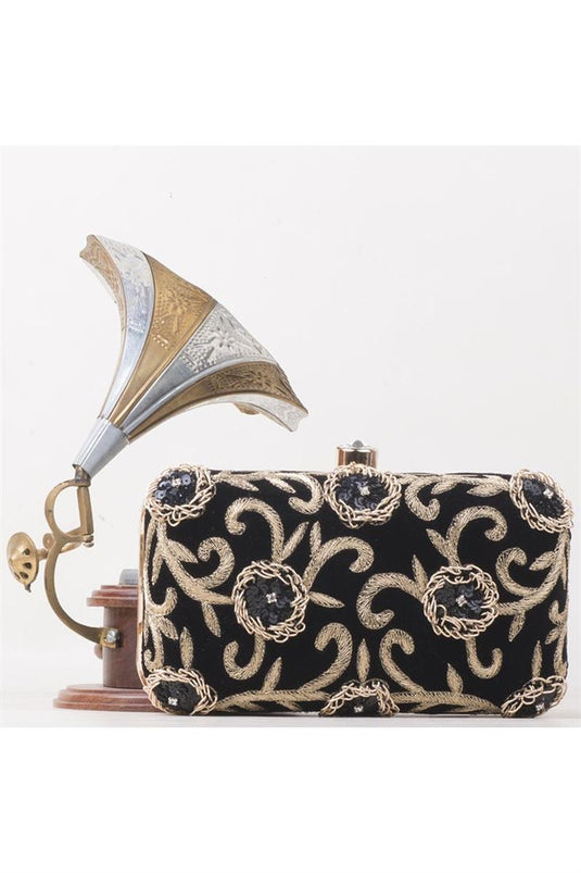 Beguiling Embroidered Work On Black Color Clutch Purses