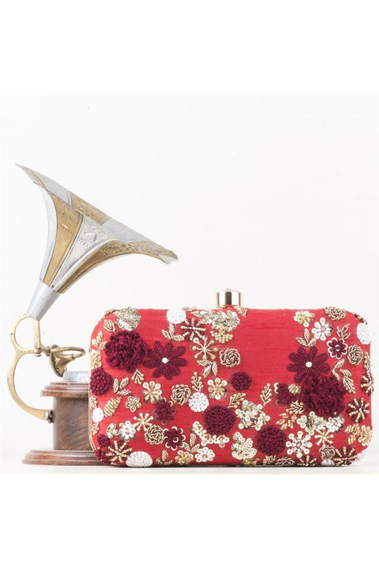 Classic Red Art Silk Clutch with Elegant Colorful Embroidered For Function