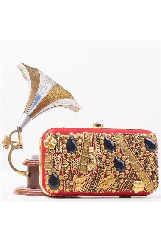 Sleek Red Art Silk Clutch with Subtle Colorful Embroidered For Function