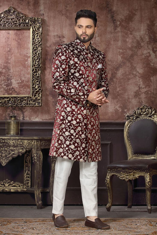 Attractive Maroon Color Ethnic Style Indo Western In Velvet Fabric