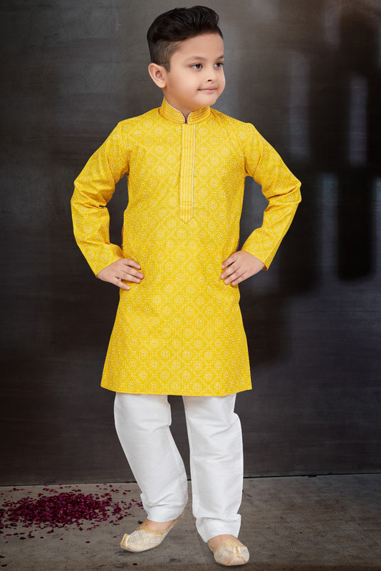 Yellow Color Function Wear Cotton Fabric Readymade Kurta Pyjama For Boys
