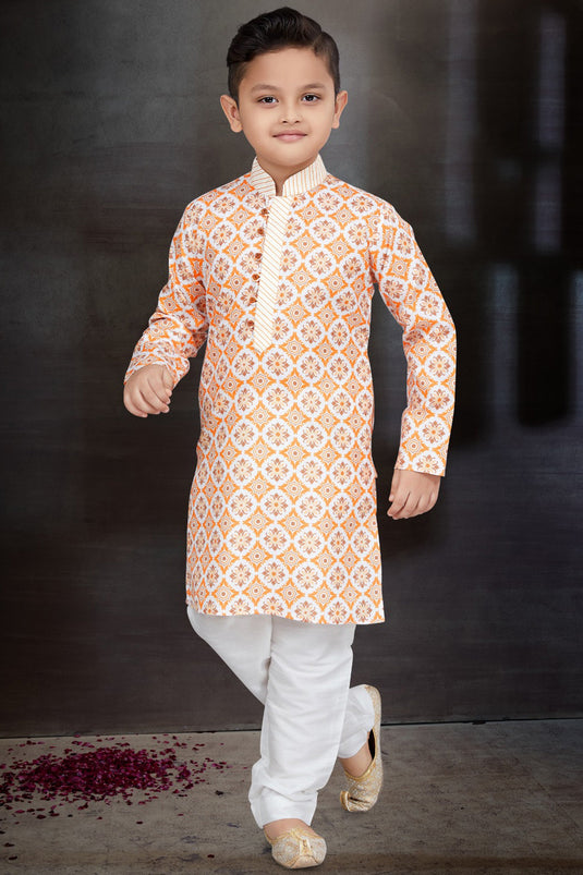 Sangeet Function Wear Cotton Fabric Orange Color Readymade Kurta Pyjama For Boys