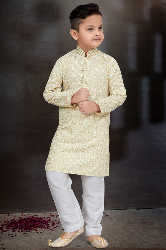 Occasion Wear Trendy Readymade Kurta Pyjama For Boys In Cream Color Cotton Fabric