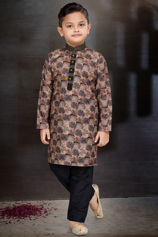 Cotton Fabric Brown Color Occasion Wear Readymade Boys Kurta Pyjama