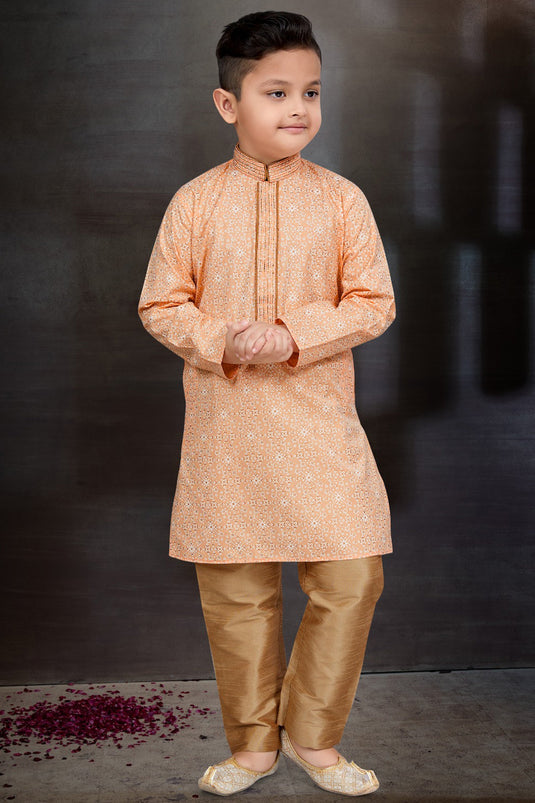Sangeet Function Wear Designer Readymade Kurta Pyjama For Boys In Cotton Fabric Peach Color