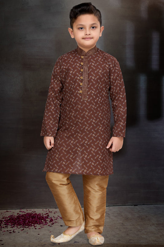 Function Wear Cotton Fabric Stylish Readymade Kurta Pyjama For Boys In Brown Color