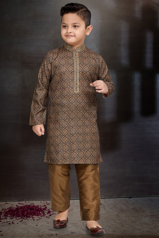 Brown Color Function Wear Cotton Fabric Stylish Readymade Kurta Pyjama For Boys