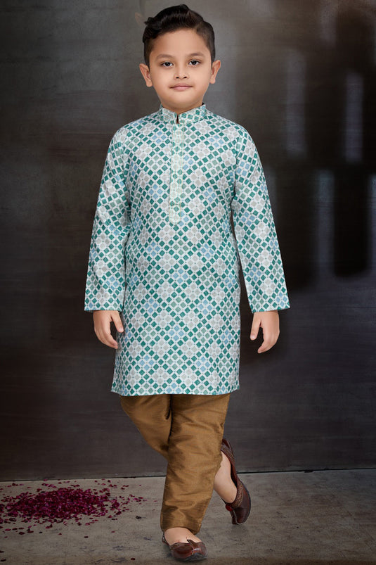 Sangeet Function Wear Cotton Fabric Cyan Color Readymade Kurta Pyjama For Boys