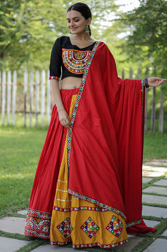 Navratri Special Engaging Red Color Rayon Fabric Mirror Work Readymade Chaniya Choli