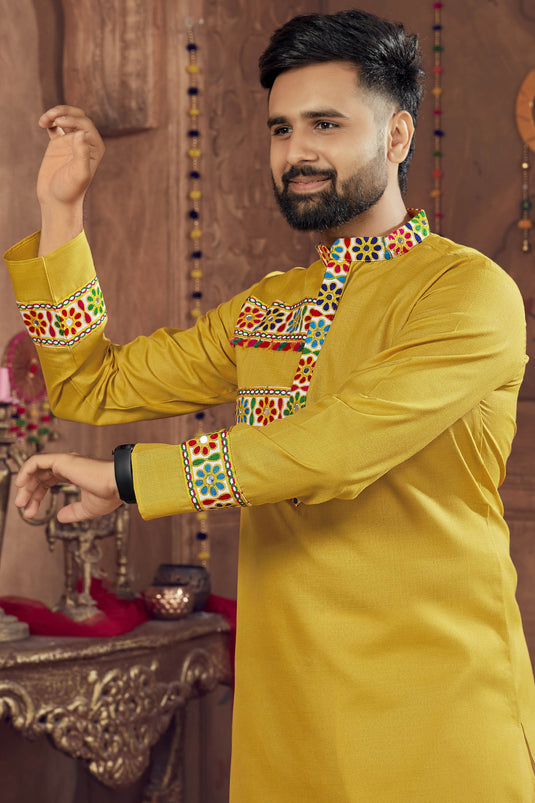 Mustard Cotton Fabric Navratri Special Trendy Readymade Kurta Pyjama For Men